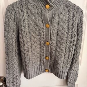 J. Crew Gray Cable Knit Cardigan with Gold Buttons